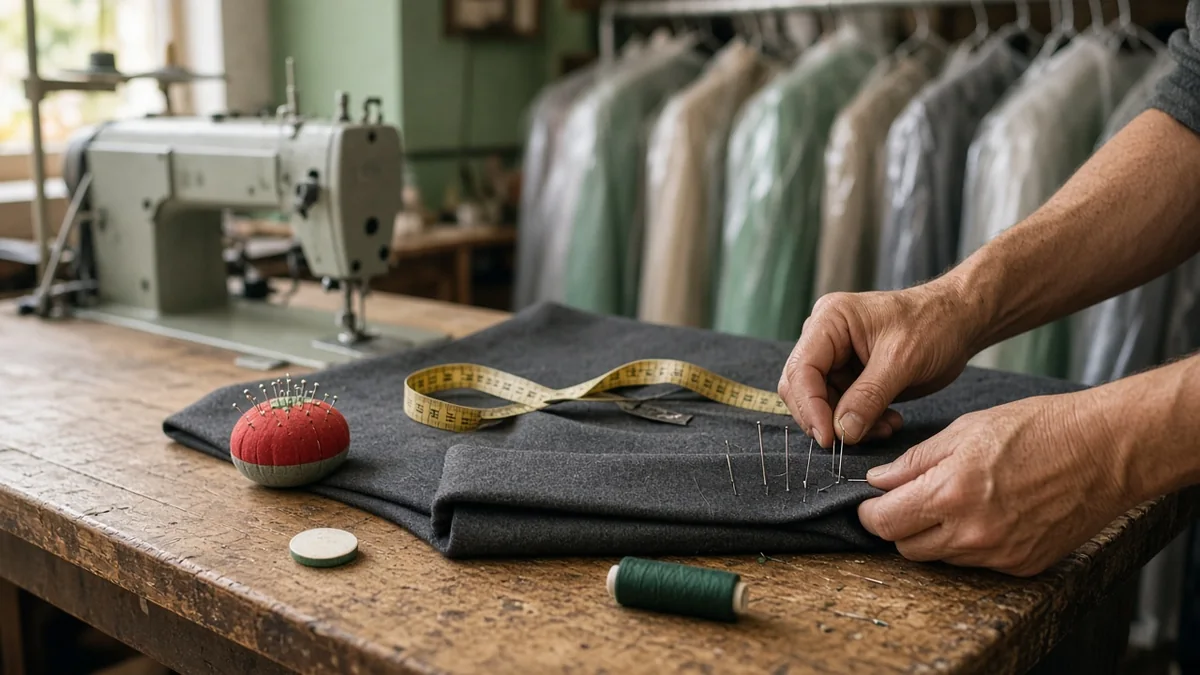 A tailor's hands pinning the hem of gray dress pants on a wooden counter, with a measuring tape, pin cushion and sewing machine nearby.